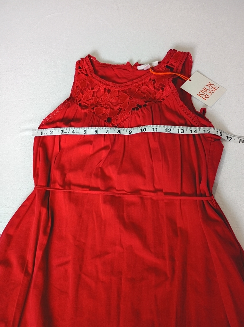 Knox Rose NWT Red Sleeveless Midi Dress Crochet Lace Yoke Tie Waist Small - Picture 5 of 13